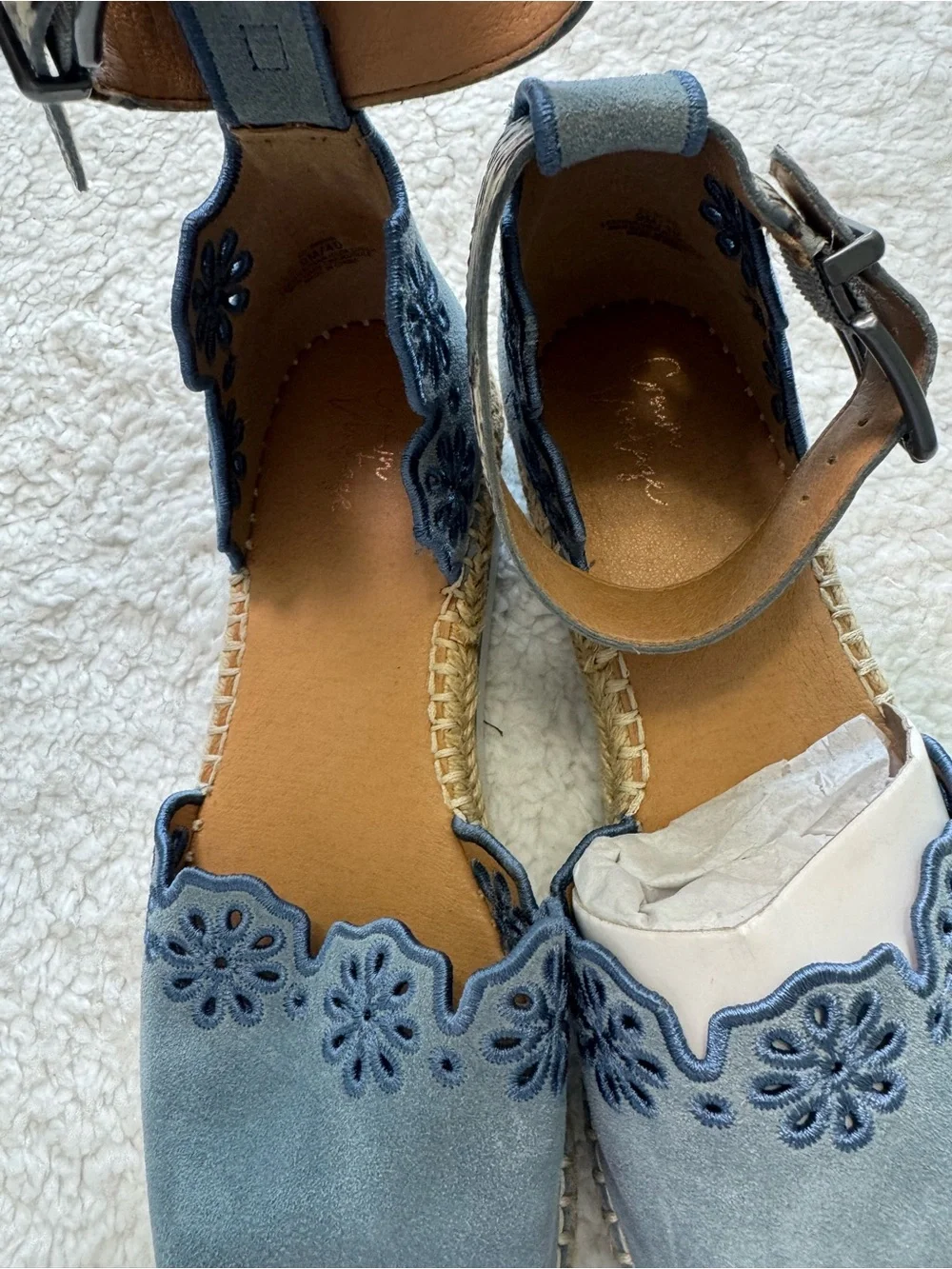 Crown Vintage Blue Denim Espadrille Ankle-Strap Wedges with Cowhide Accent